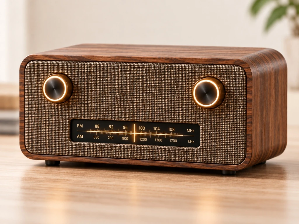 Parlorwave tabletop AI radio in walnut enclosure showing the illuminated classic radio dial display mode on its wide-format front LCD