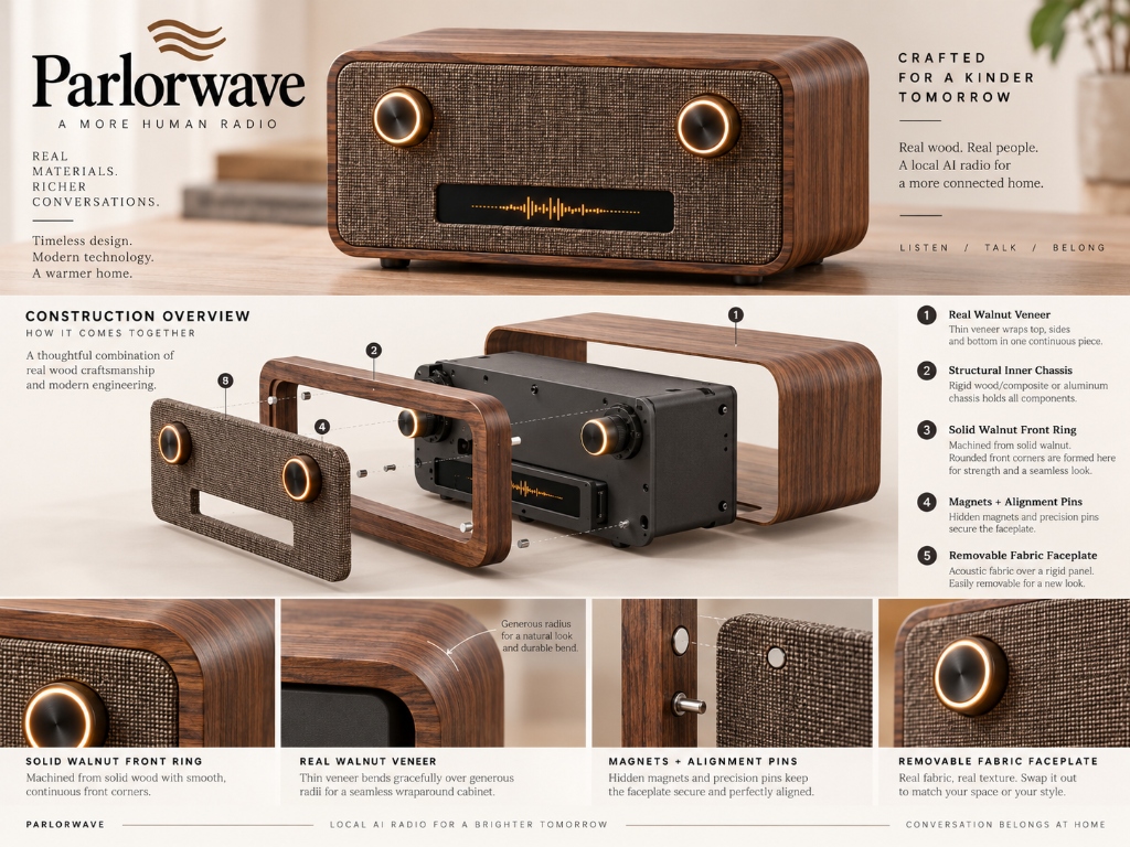 Exploded view showing walnut veneer, structural inner chassis, solid walnut front ring, magnets and alignment pins, and removable fabric faceplate