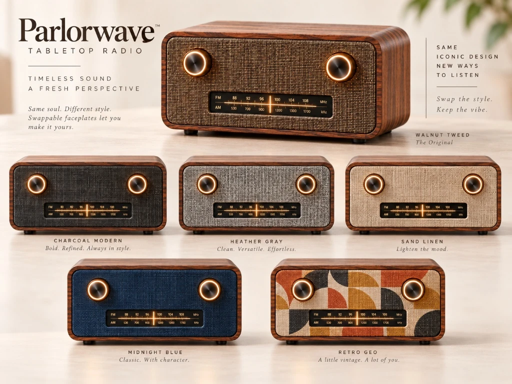 Parlorwave tabletop radios showcasing interchangeable magnetic faceplate styles including Walnut Tweed, Charcoal Modern, Heather Gray, Sand Linen, Midnight Blue, and Retro Geo