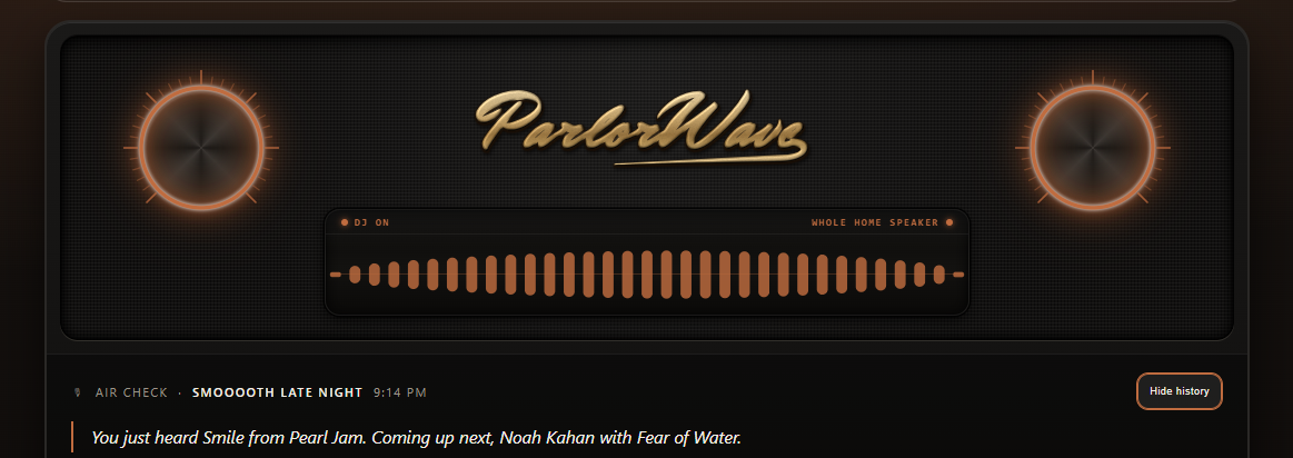 ParlorWave Radio On Air broadcast console showing rotary knobs, raised gold ParlorWave emblem, waveform display, and Air Check transcript