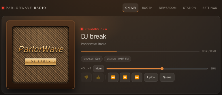 ParlorWave Radio On Air player during a spoken DJ break